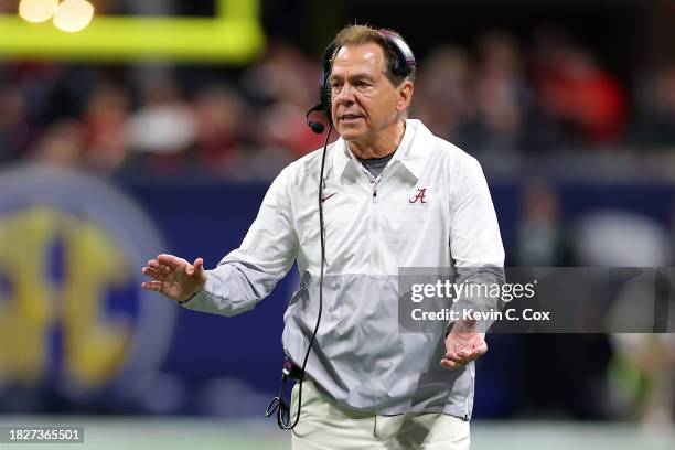 Head coach Nick Saban of the Alabama Crimson Tide reacts to a play during the third quarter against the Georgia Bulldogs in the SEC Championship at...