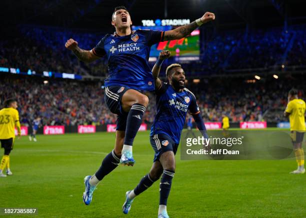 Brandon Vázquez of FC Cincinnati reacts after scoring during the first half of the 2023 MLS Cup Playoffs Eastern Conference Finals match against...