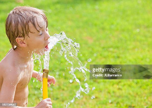 little boy drinking water from garden hose - hose stock pictures, royalty-free photos & images