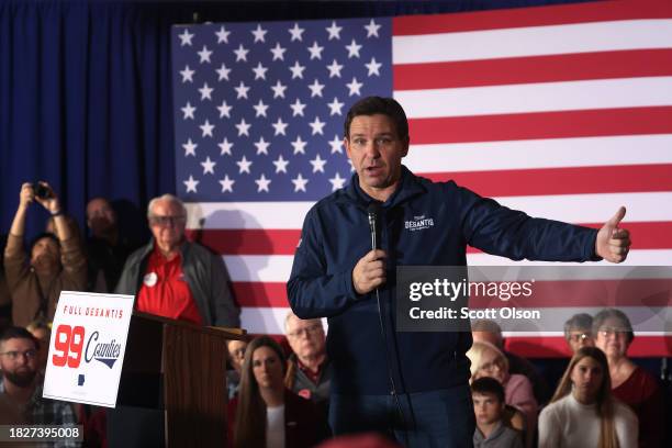 Republican presidential candidate Florida Governor Ron DeSantis speaks to guests during a campaign rally at the Thunderdome on December 02, 2023 in...