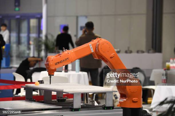 Visitors are viewing the exhibition area of industrial robots at the 2023 World Intelligent Manufacturing Conference in Nanjing, Jiangsu province,...
