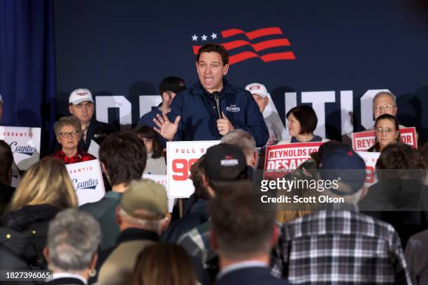 Republican presidential candidate Florida Governor Ron DeSantis speaks to guests during a campaign rally at the Thunderdome on December 02, 2023 in...