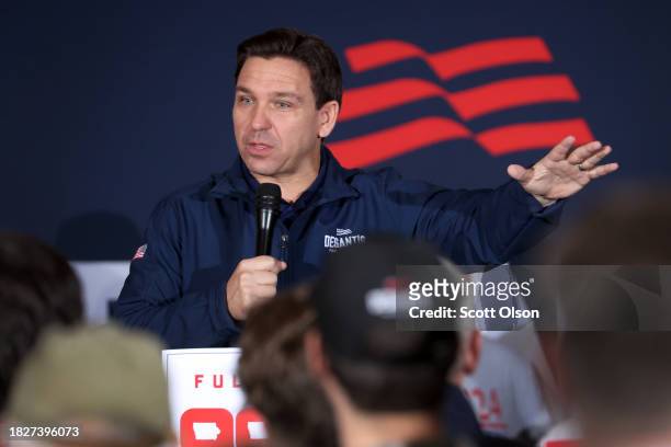 Republican presidential candidate Florida Governor Ron DeSantis speaks to guests during a campaign rally at the Thunderdome on December 02, 2023 in...