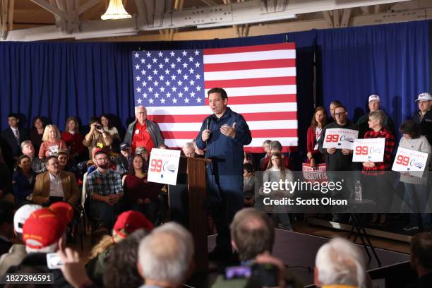 Republican presidential candidate Florida Governor Ron DeSantis speaks to guests during a campaign rally at the Thunderdome on December 02, 2023 in...