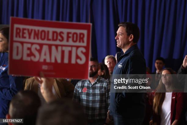 Republican presidential candidate Florida Governor Ron DeSantis arrives for a campaign rally at the Thunderdome on December 02, 2023 in Newton, Iowa....