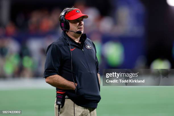 Head coach Kirby Smart of the Georgia Bulldogs looks on during the fourth quarter against the Alabama Crimson Tide in the SEC Championship at...