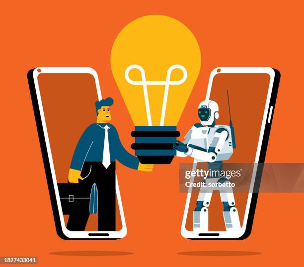business strategy - businessman and robot - multitasking phone stock illustrations