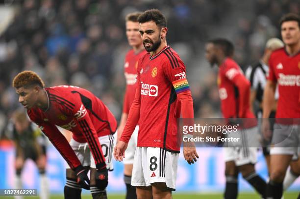 Manchester United captain Bruno Fernandes wearing the rainbow armband looks on during the Premier League match between Newcastle United and...