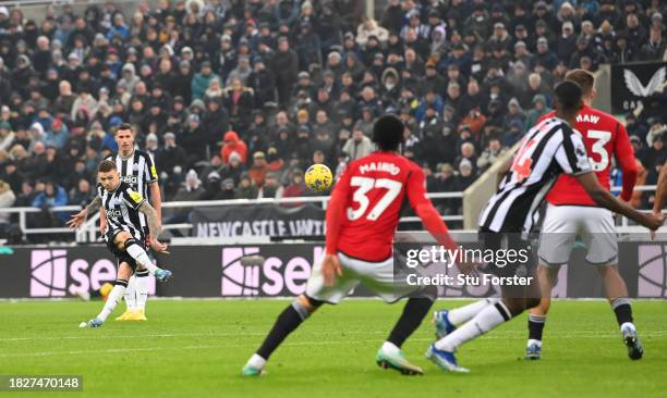 Newcastle United player Kieran Trippier takes a free kick which hits the bar during the Premier League match between Newcastle United and Manchester...