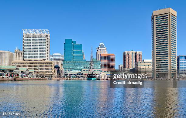 baltimore's inner harbor buildings reflecting in water under blue sky - baltimore waterfront stock pictures, royalty-free photos & images