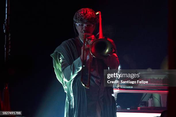 Bergur Porisson performs on stage with Bjork during a concert of her tour "Cornucopia" on December 02, 2023 in St Herblain, France.