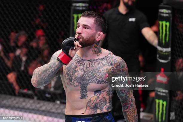 Sean Brady reacts after his submission victory over Kelvin Gastelum in a welterweight fight during the UFC Fight Night event at Moody Center on...