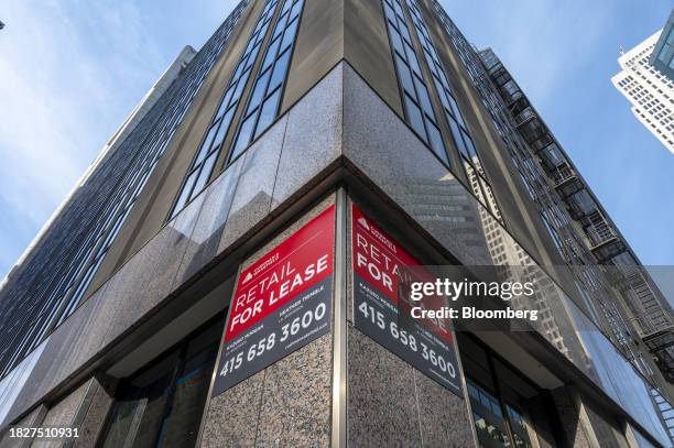 For Lease" sign on a building in San Francisco, California, US, on Tuesday, Dec. 5, 2023. San Francisco's office vacancy rate reached a record 34% in...