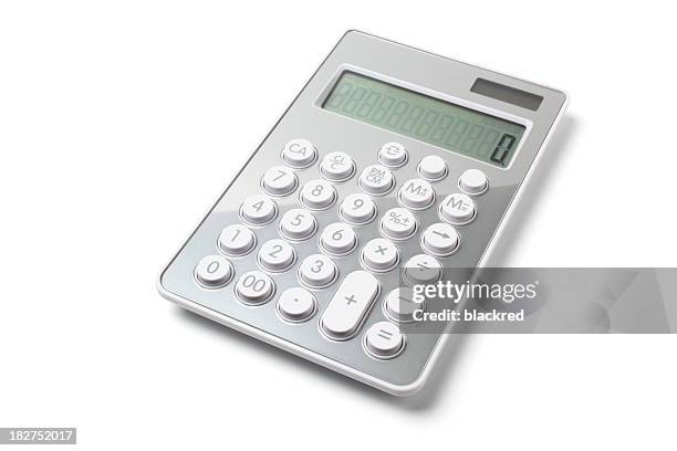 modern gray calculator on white background - calculator on white stockfoto's en -beelden