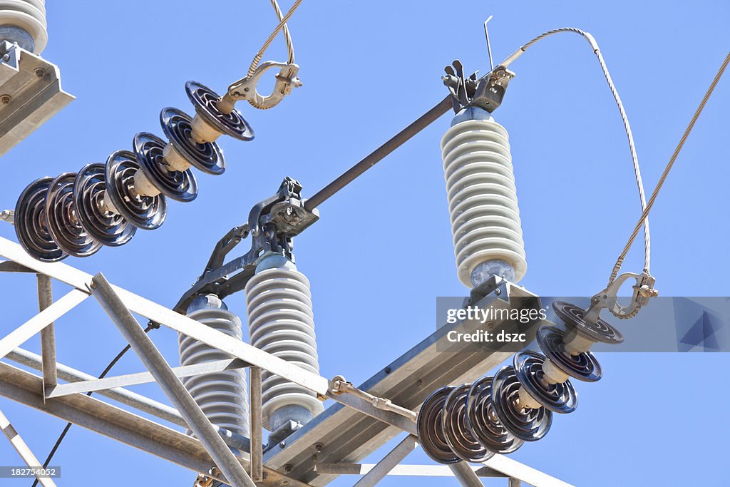 Electricity substation with power lines and insulators