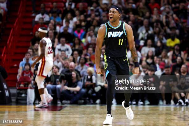 Bruce Brown of the Indiana Pacers reacts during the second quarter of the game against the Miami Heat at Kaseya Center on December 02, 2023 in Miami,...