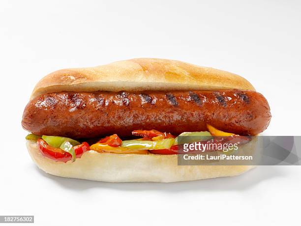 hot dog with grilled peppers - sausage stock pictures, royalty-free photos & images