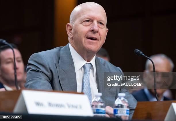 Goldman Sachs CEO David Solomon testifies during a Wall Street oversight hearing by the Senate Banking, Housing, and Urban Affairs committee on...
