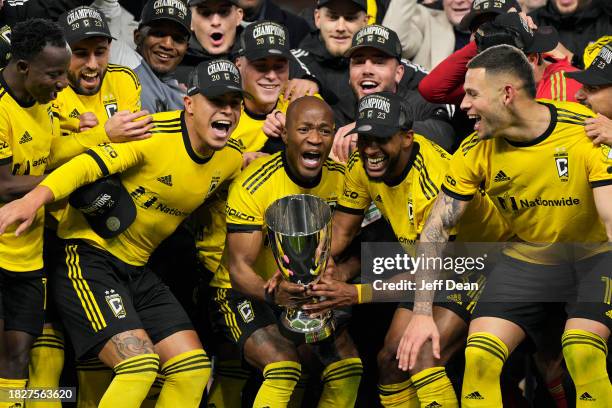 Darlington Nagbe of Columbus Crew celebrates with teammates after defeating FC Cincinnati in the 2023 MLS Cup Playoffs Eastern Conference Final match...