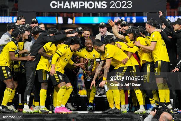 Darlington Nagbe of Columbus Crew celebrates with teammates after defeating FC Cincinnati in the 2023 MLS Cup Playoffs Eastern Conference Final match...