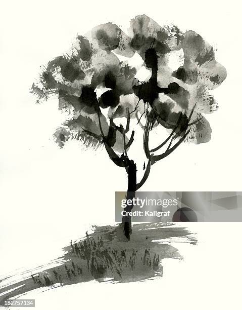tree ink painting - japanese tree drawing stock illustrations