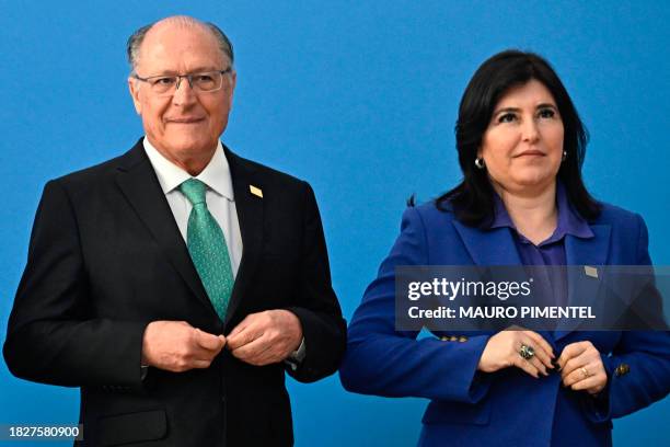 Brazil's Vice-President Geraldo Alckmin and Brazil's Planning Minister Simone Tebet pose for an official picture during the first day of the Mercosur...