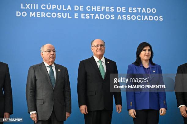 Brazil's Foreign Minister Mauro Vieira, Brazil's Vice-President Geraldo Alckmin and Brazil's Planning Minister Simone Tebet pose for an official...