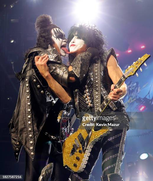 Gene Simmons and Paul Stanley perform during the final show of KISS: End of the Road World Tour at Madison Square Garden on December 02, 2023 in New...