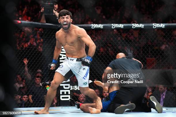 Arman Tsarukyan of Georgia reacts after his KO victory over Beneil Dariush of Iran in a lightweight fight during the UFC Fight Night event at Moody...