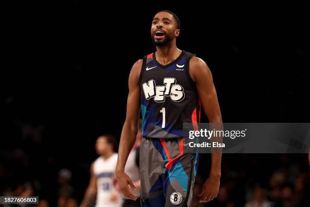 Mikal Bridges of the Brooklyn Nets celebrates his three point shot in the fourth quarter against the Orlando Magic during the second half at Barclays...