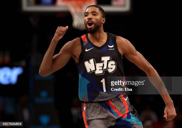 Mikal Bridges of the Brooklyn Nets celebrates his three point shot in the fourth quarter against the Orlando Magic during the second half at Barclays...