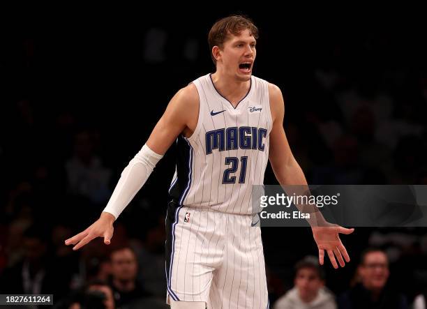 Moritz Wagner of the Orlando Magic reacts during the second half against the Brooklyn Nets at Barclays Center on December 02, 2023 in New York City....
