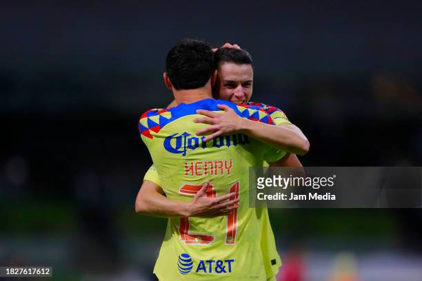 Henry Martin of America celebrates with Alvaro Fidalgo after scoring the team's second goal during the quarterfinals second leg match between America...