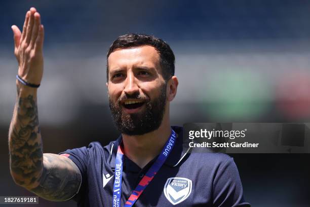 Paul Izzo of Melbourne Victory blows a kiss during the A-League Men round six match between Central Coast Mariners and Melbourne Victory at Industree...