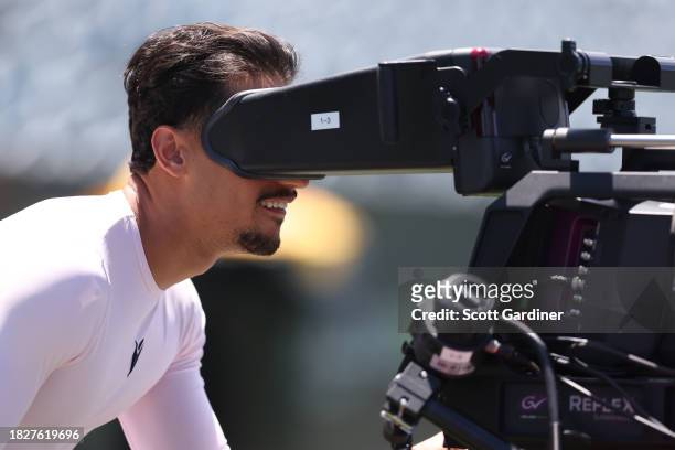 Daniel Arzani of Melbourne Victory looks through the broadcast camera pre game during the A-League Men round six match between Central Coast Mariners...