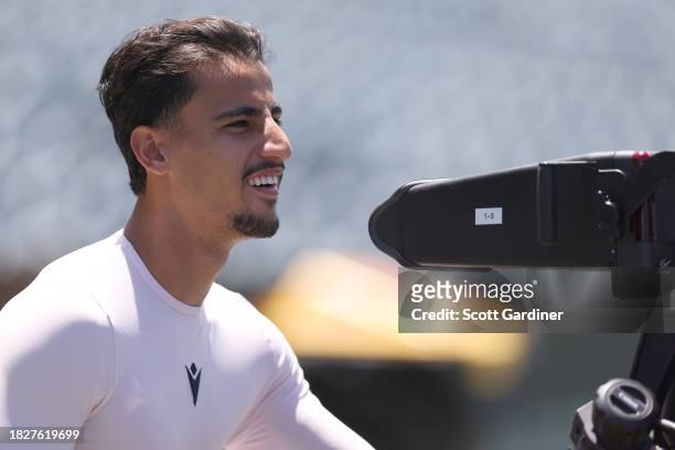 Daniel Arzani of Melbourne Victory looks through the broadcast camera pre game during the A-League Men round six match between Central Coast Mariners...