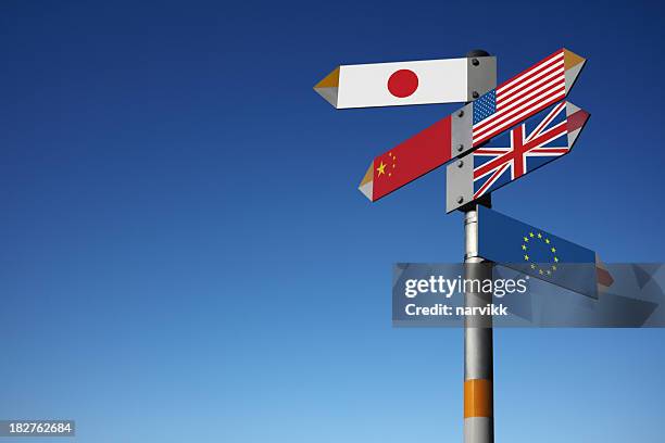 directional signs of international flags on post - british and eu flag bildbanksfoton och bilder