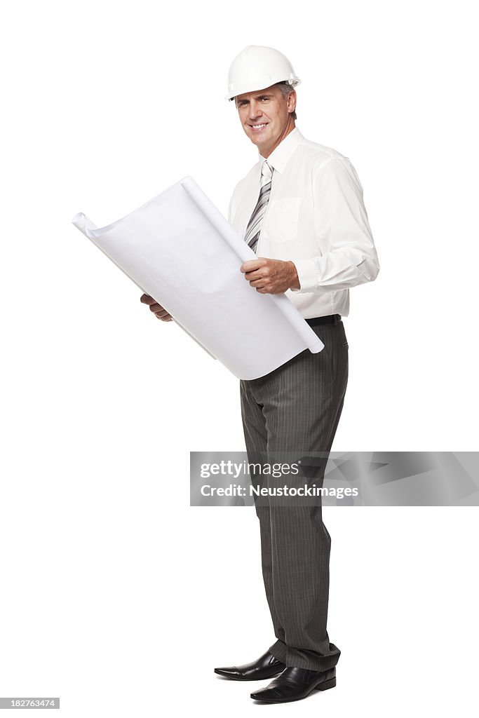 Handsome Businessman in Hardhat With Blueprints. Isolated