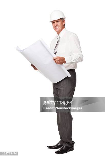 handsome businessman in hardhat with blueprints. isolated - architect object stock pictures, royalty-free photos & images