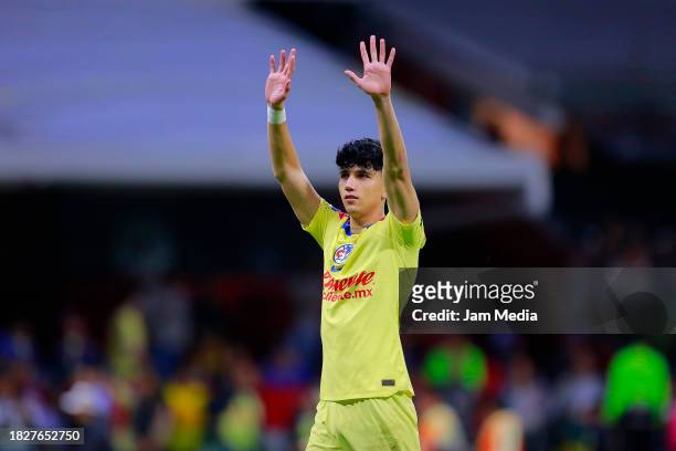 Kevin Alvarez of America celebrates after winning the quarterfinals second leg match between America and Leon as part of the Torneo Apertura 2023...