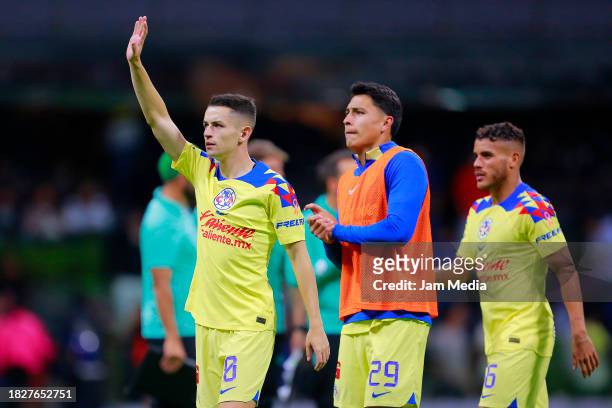 Alvaro Fidalgo and Ramon Juarez of America celebrate after winning the quarterfinals second leg match between America and Leon as part of the Torneo...