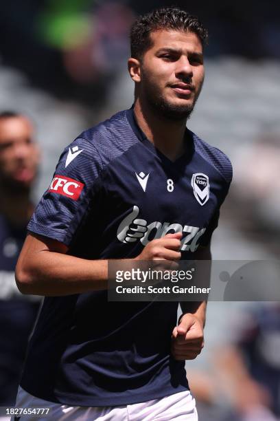 Zinédine Machach of Melbourne Victory warming up prior to playduring the A-League Men round six match between Central Coast Mariners and Melbourne...