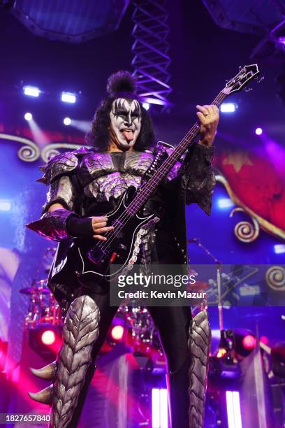 Gene Simmons of KISS performs during the final show of KISS: End of the Road World Tour at Madison Square Garden on December 02, 2023 in New York...