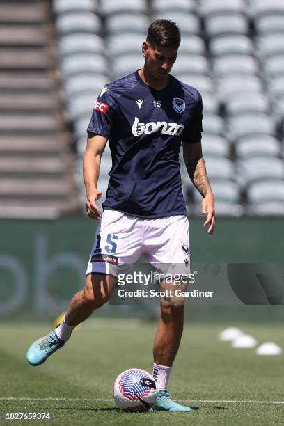 Matthew Bozinovski of Melbourne Victory warming up prior to play during the A-League Men round six match between Central Coast Mariners and Melbourne...