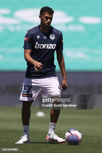 Nishan Velupillay of Melbourne Victory warming up prior to play during the A-League Men round six match between Central Coast Mariners and Melbourne...