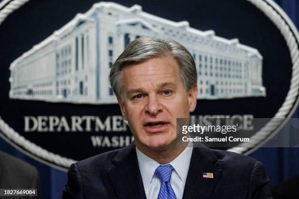 Director Christopher Wray speaks during a press conference at the U.S. Department of Justice on December 6, 2023 in Washington, DC. The Department of...