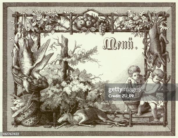 stockillustraties, clipart, cartoons en iconen met menu (decorative example), wood engraving, published c. 1876 - ganzenvlees