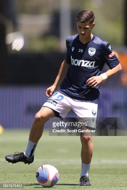 Joshua Inserra of Melbourne Victory warming up prior to play during the A-League Men round six match between Central Coast Mariners and Melbourne...