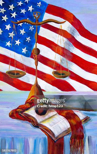 ilustraciones, imágenes clip art, dibujos animados e iconos de stock de biblia abierta, martillo y escalas de justicia con bandera estadounidense. - fotos libres de derechos