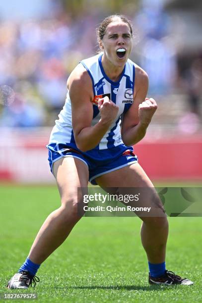 Jasmine Garner of the Kangaroos celebrates kicking a goal during the AFLW Grand Final match between North Melbourne Tasmania Kangaroos and Brisbane...